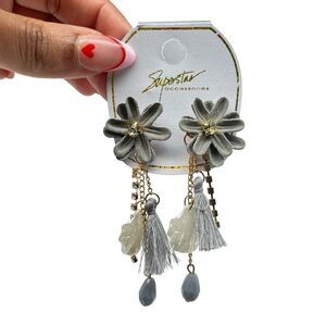 Superstar Accessories Women’s Blue Seashell Rhinestone Tassel Drop Boho Earrings